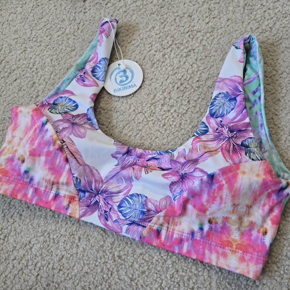 NWT Bikinima Reversible Bikini Top XL Fits L Tropical Tie Dye Swim